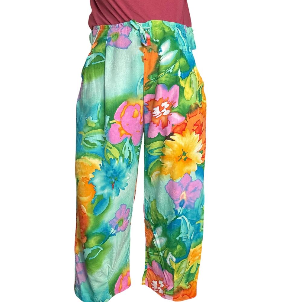 Vintage Jams World Parisian Garden Cropped Wide Leg Pants Tropical Floral Medium